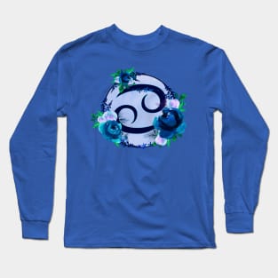 Cancer Zodiac Horoscope Blue Floral Monogram Long Sleeve T-Shirt